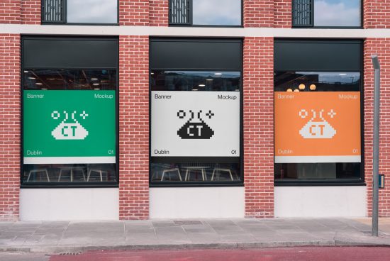 Urban store banners mockup featuring pixel art designs in green, black, and orange colors, labeled as mockups on a brick wall exterior.